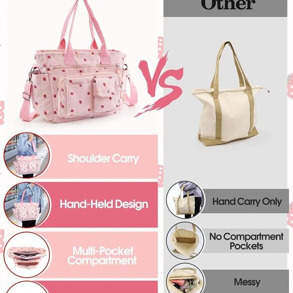 Strawberry Tote Bag Bow Bag With Multi Pocket Women Girls Crossbody Corduroy Han - Picture 3 of 7